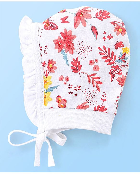 Babyhug 100% Cotton Tie Knot Caps Polka Dots & Butterfly Printed - White & Pink