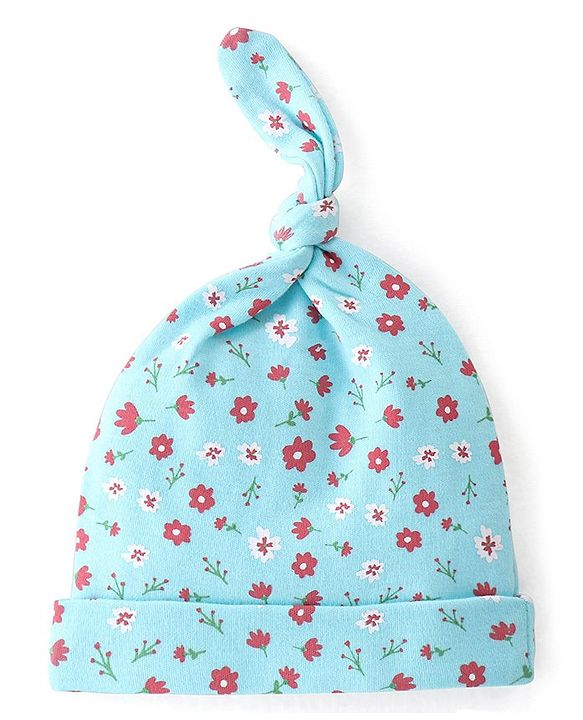 Babyhug 100% Cotton Knit Caps Floral & Polka Dot Print Pack of 2 Blue - Blue & Pink