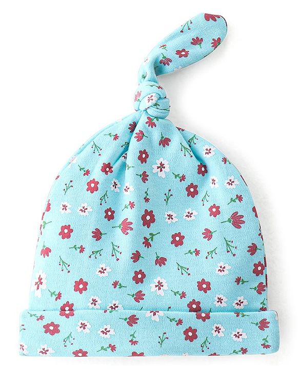 Babyhug 100% Cotton Knit Caps Floral & Polka Dot Print Pack of 2 Blue - Blue & Pink