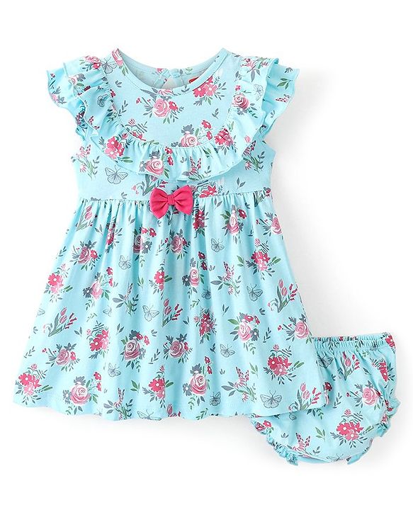 Babyhug 100% Cotton Knit Sleeveless Frock & Bloomer With Floral Print  - Blue