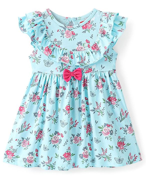 Babyhug 100% Cotton Knit Sleeveless Frock & Bloomer With Floral Print  - Blue