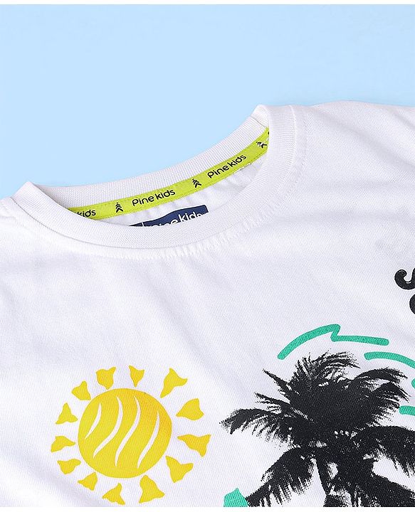 Pine Kids 100% Cotton Knit Half Sleeves T-Shirt Summer Print- White