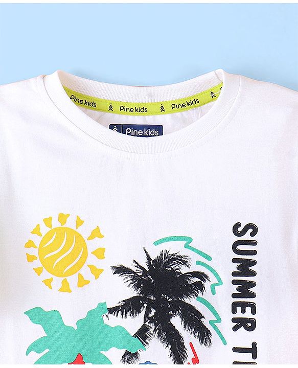 Pine Kids 100% Cotton Knit Half Sleeves T-Shirt Summer Print- White