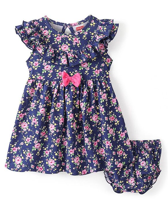 Babyhug 100% Cotton Knit Sleeveless Frock & Bloomer With Floral Print - Navy Blue