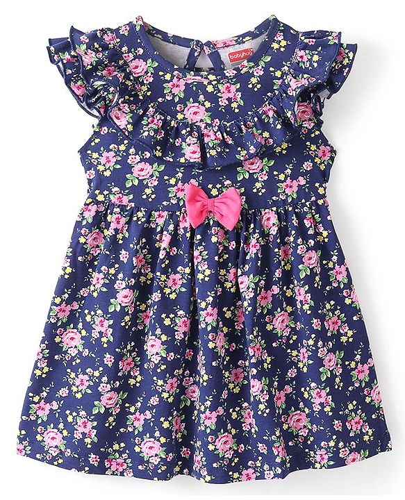 Babyhug 100% Cotton Knit Sleeveless Frock & Bloomer With Floral Print - Navy Blue