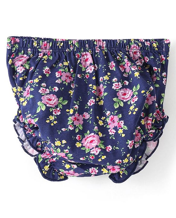 Babyhug 100% Cotton Knit Sleeveless Frock & Bloomer With Floral Print - Navy Blue