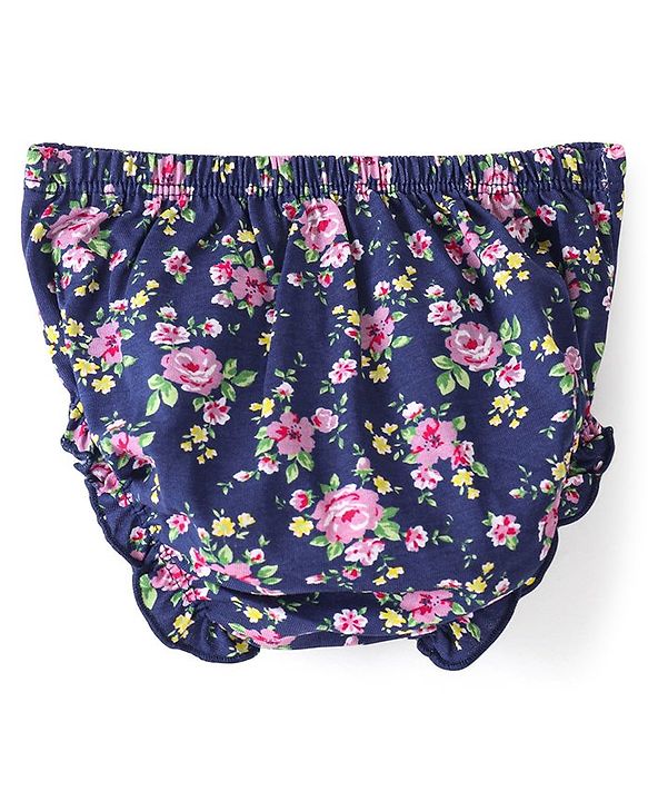 Babyhug 100% Cotton Knit Sleeveless Frock & Bloomer With Floral Print - Navy Blue
