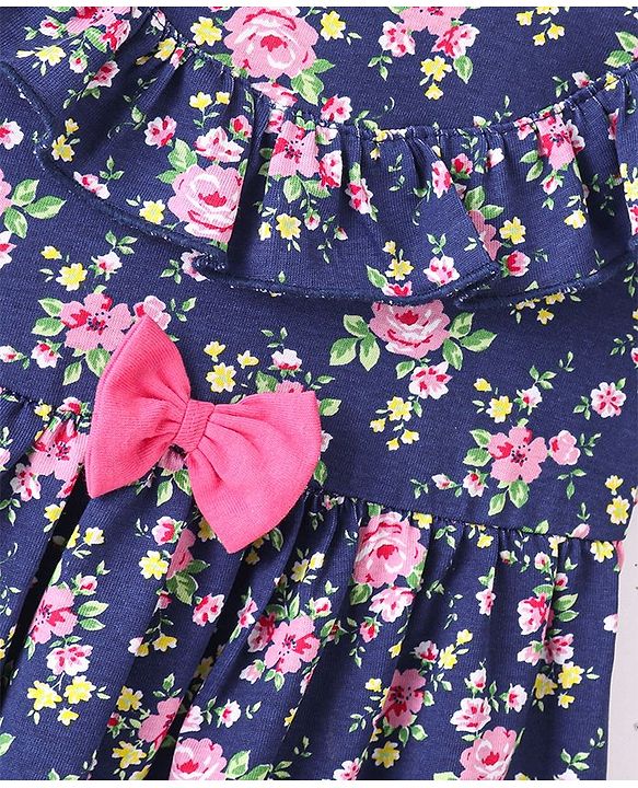 Babyhug 100% Cotton Knit Sleeveless Frock & Bloomer With Floral Print - Navy Blue
