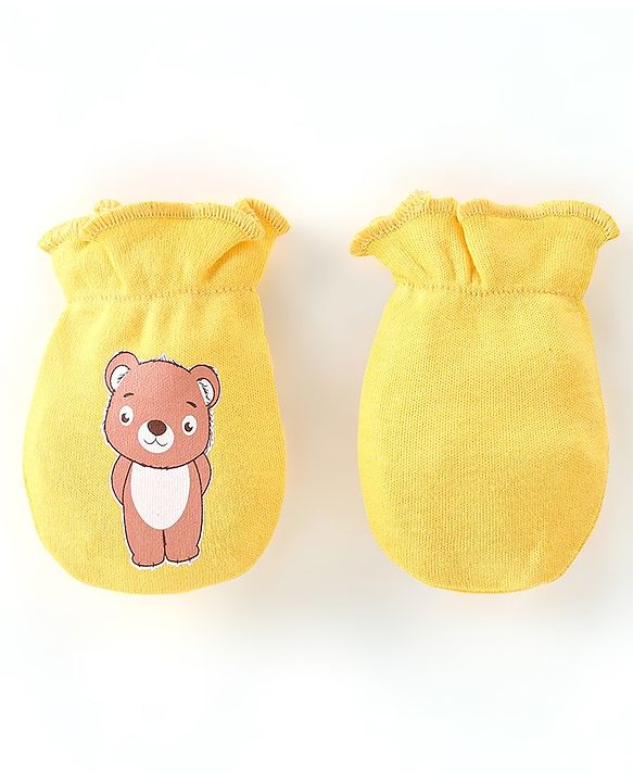 Babyhug 100% Cotton Knit Stars & Teddy Printed Mittens Pack of 3 - Yellow & Blue