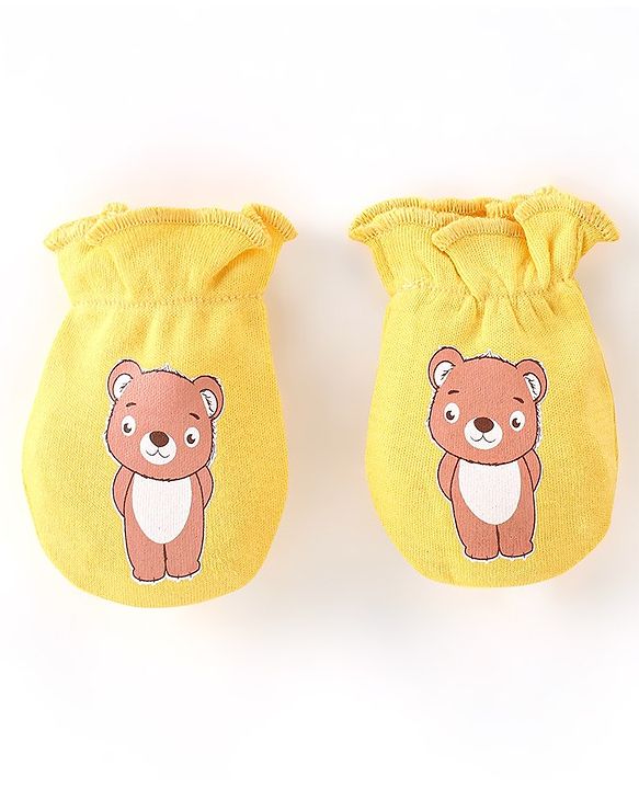 Babyhug 100% Cotton Knit Stars & Teddy Printed Mittens Pack of 3 - Yellow & Blue