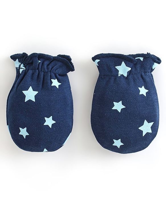 Babyhug 100% Cotton Knit Stars & Teddy Printed Mittens Pack of 3 - Yellow & Blue