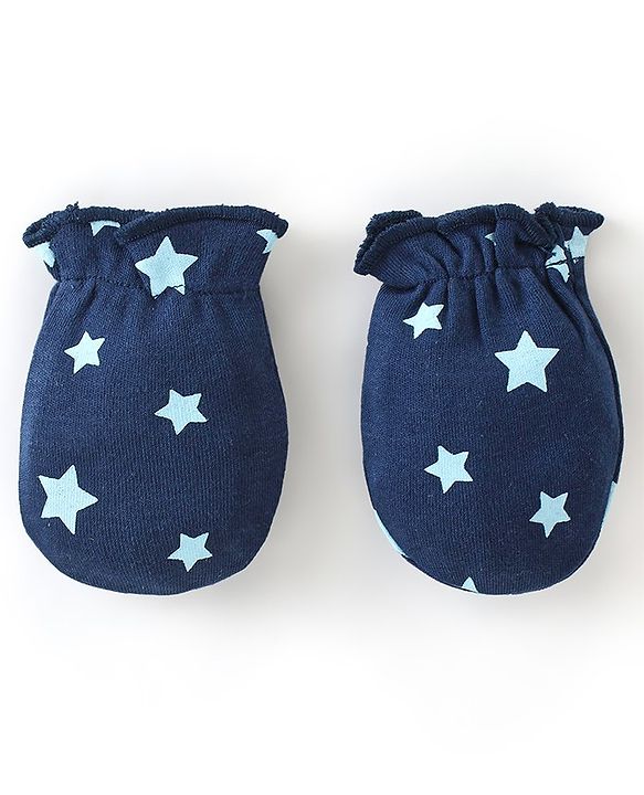 Babyhug 100% Cotton Knit Stars & Teddy Printed Mittens Pack of 3 - Yellow & Blue