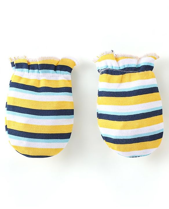 Babyhug 100% Cotton Knit Stars & Teddy Printed Mittens Pack of 3 - Yellow & Blue