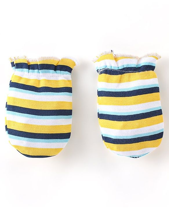 Babyhug 100% Cotton Knit Stars & Teddy Printed Mittens Pack of 3 - Yellow & Blue