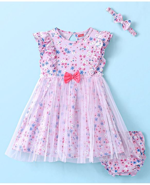 Babyhug 100% Cotton Knit Frill Sleeves Floral Printed Frock with Bloomer & Headband - Lilac