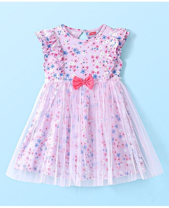 Babyhug 100% Cotton Knit Frill Sleeves Floral Printed Frock with Bloomer & Headband - Lilac