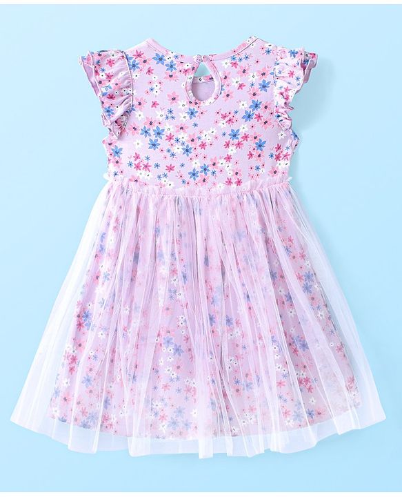 Babyhug 100% Cotton Knit Frill Sleeves Floral Printed Frock with Bloomer & Headband - Lilac