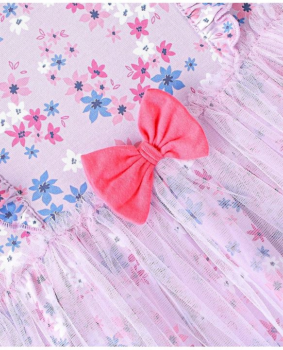 Babyhug 100% Cotton Knit Frill Sleeves Floral Printed Frock with Bloomer & Headband - Lilac