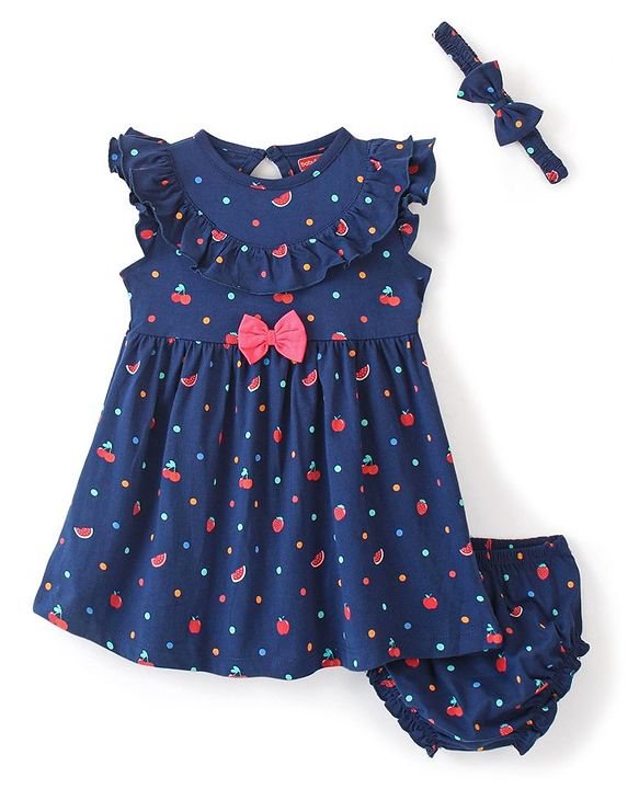 Babyhug 100% Cotton Knitted Frill Sleeves Frock With Bloomer & Headband Strawberry Printed - Navy