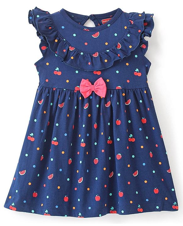 Babyhug 100% Cotton Knitted Frill Sleeves Frock With Bloomer & Headband Strawberry Printed - Navy