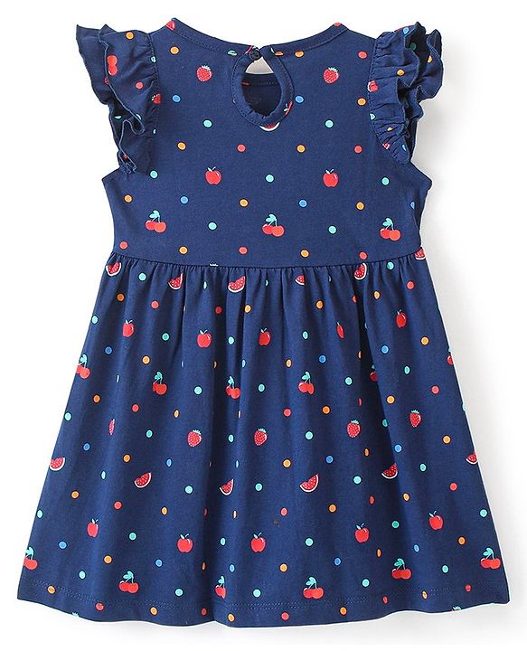 Babyhug 100% Cotton Knitted Frill Sleeves Frock With Bloomer & Headband Strawberry Printed - Navy