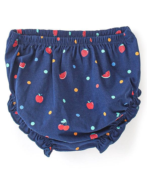 Babyhug 100% Cotton Knitted Frill Sleeves Frock With Bloomer & Headband Strawberry Printed - Navy