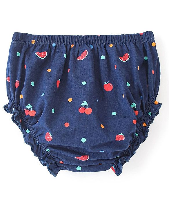 Babyhug 100% Cotton Knitted Frill Sleeves Frock With Bloomer & Headband Strawberry Printed - Navy