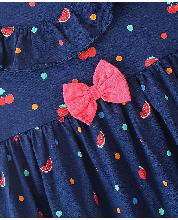 Babyhug 100% Cotton Knitted Frill Sleeves Frock With Bloomer & Headband Strawberry Printed - Navy