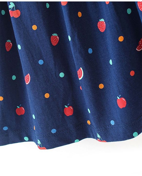 Babyhug 100% Cotton Knitted Frill Sleeves Frock With Bloomer & Headband Strawberry Printed - Navy