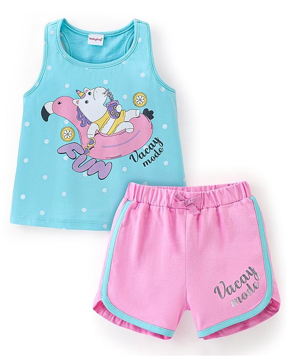 Babyhug 100% Cotton Sleeveless Top and Shorts Set Vacay Print - Blue & Pink