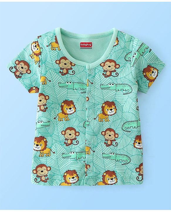Babyhug 100% Cotton Knit Half Sleeves Front Open Jhablas Stripes & Lion Print Pack of 2 - Yellow & Green