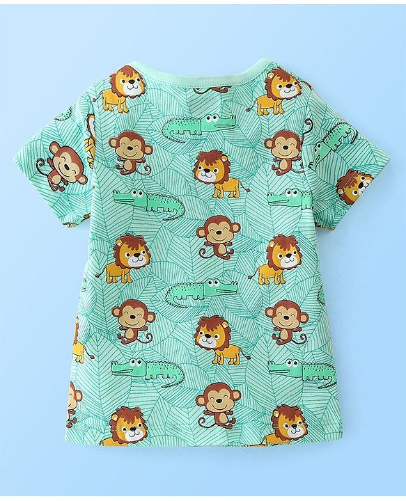 Babyhug 100% Cotton Knit Half Sleeves Front Open Jhablas Stripes & Lion Print Pack of 2 - Yellow & Green