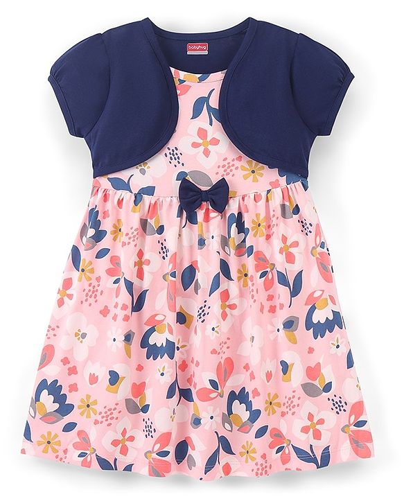 Babyhug 100% Cotton Knit Half Sleeves Frock with Floral Print - Pink & Navy Blue