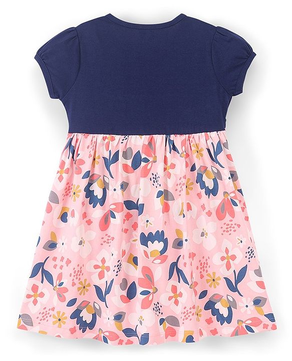 Babyhug 100% Cotton Knit Half Sleeves Frock with Floral Print - Pink & Navy Blue