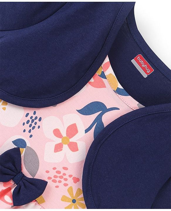 Babyhug 100% Cotton Knit Half Sleeves Frock with Floral Print - Pink & Navy Blue