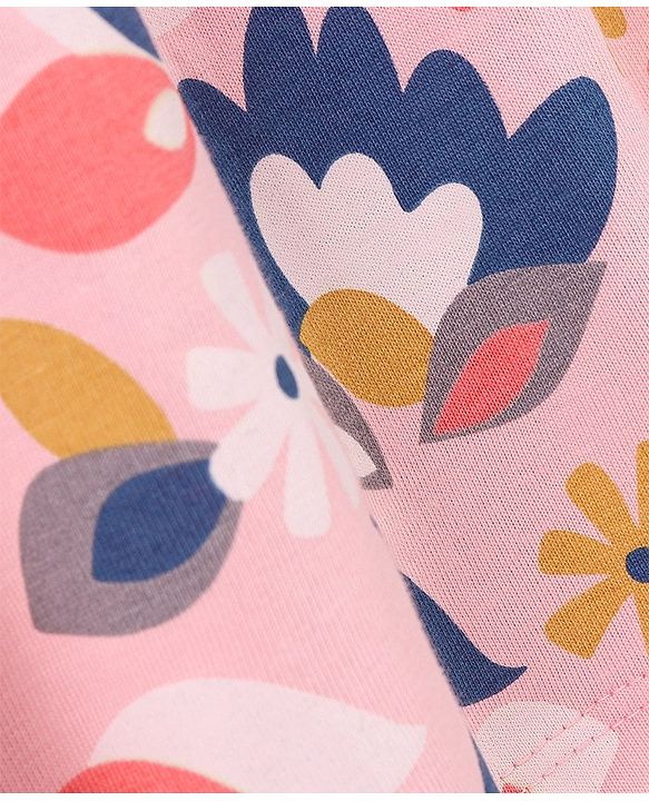 Babyhug 100% Cotton Knit Half Sleeves Frock with Floral Print - Pink & Navy Blue