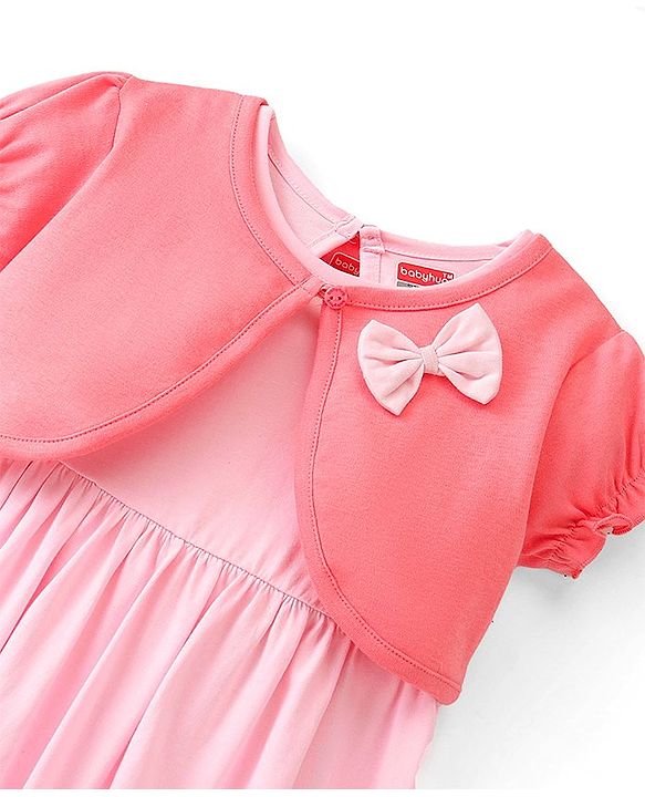 Babyhug 100% Cotton Knitted Frock With Half Sleeves Shrug & Bow Floral Print - Pink