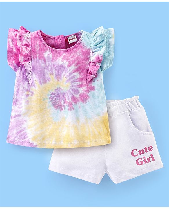 Babyhug 100% Cotton Knit Half Sleeves Top with Shorts Tie Dye Print - Pink & White