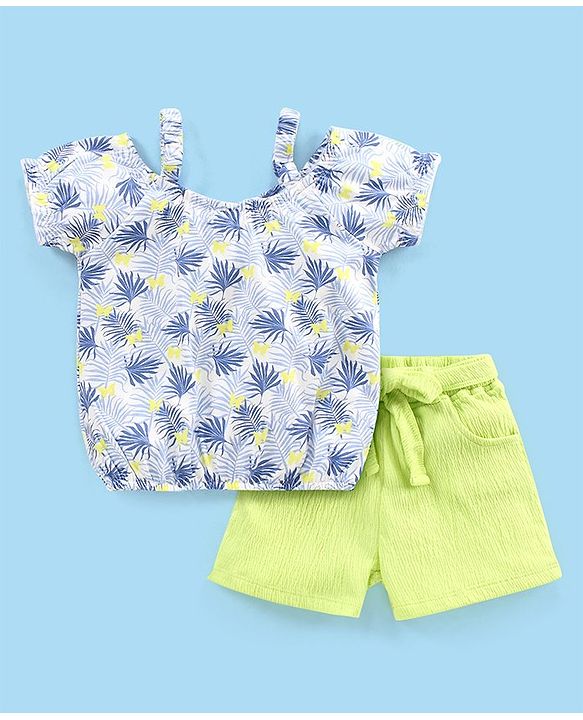 Babyhug 100% Cotton Knit Half Sleeves Singlet Top & Shorts Set with Fabric Belt Butterfly Print - White Blue & Green