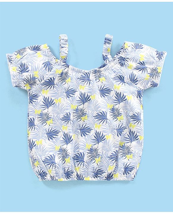 Babyhug 100% Cotton Knit Half Sleeves Singlet Top & Shorts Set with Fabric Belt Butterfly Print - White Blue & Green