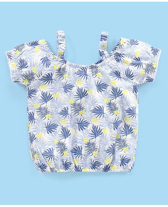 Babyhug 100% Cotton Knit Half Sleeves Singlet Top & Shorts Set with Fabric Belt Butterfly Print - White Blue & Green