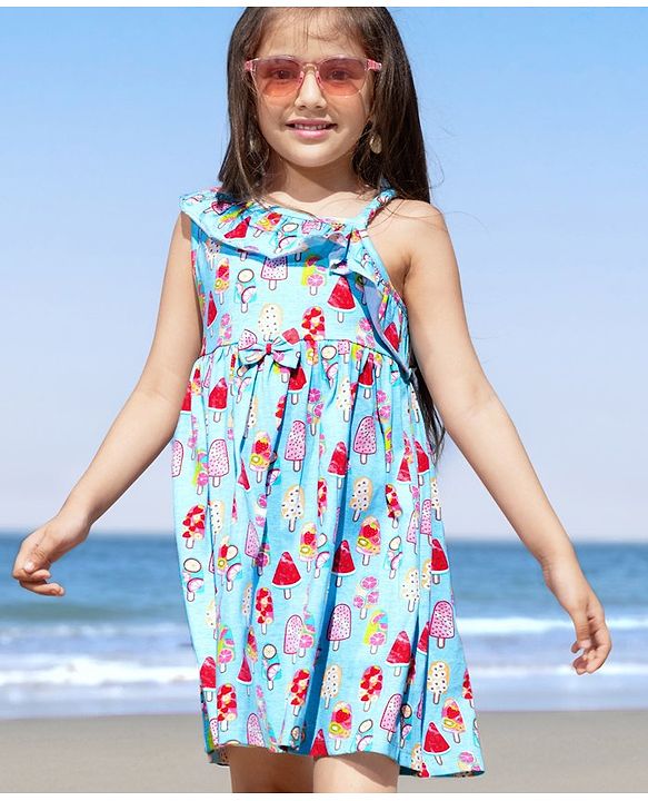 Babyhug 100% Cotton Knit One Shoulder Sleeve Frock With Ice Cream Print - Blue