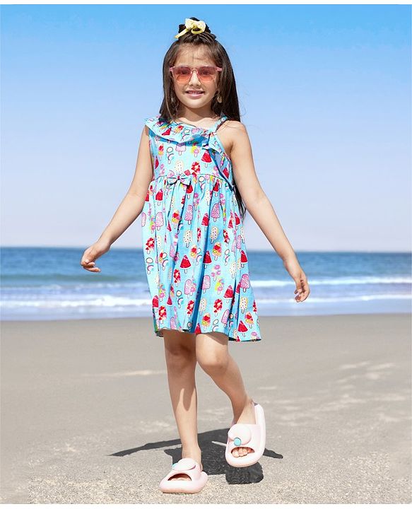 Babyhug 100% Cotton Knit One Shoulder Sleeve Frock With Ice Cream Print - Blue