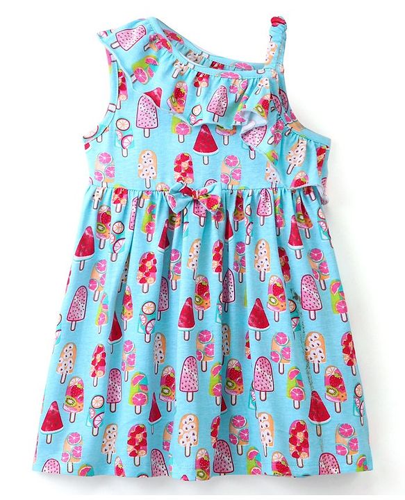 Babyhug 100% Cotton Knit One Shoulder Sleeve Frock With Ice Cream Print - Blue