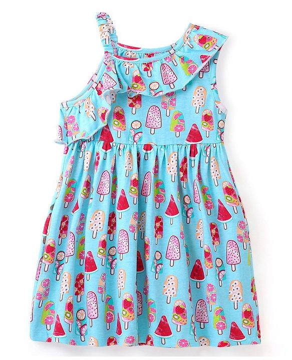 Babyhug 100% Cotton Knit One Shoulder Sleeve Frock With Ice Cream Print - Blue