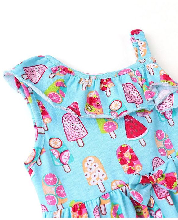 Babyhug 100% Cotton Knit One Shoulder Sleeve Frock With Ice Cream Print - Blue