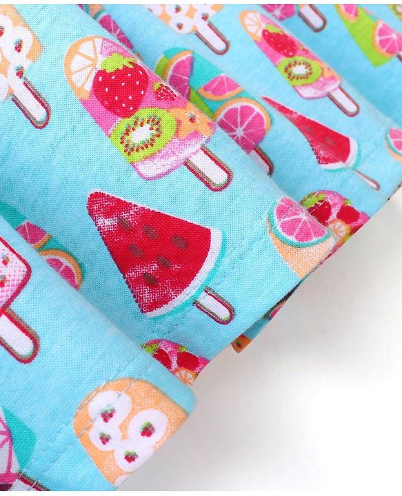 Babyhug 100% Cotton Knit One Shoulder Sleeve Frock With Ice Cream Print - Blue