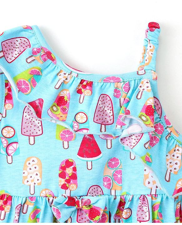 Babyhug 100% Cotton Knit One Shoulder Sleeve Frock With Ice Cream Print - Blue