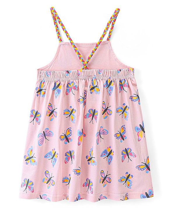 Babyhug 100% Cotton Knit Singlet Sleeves Butterfly Print Frock - Pink