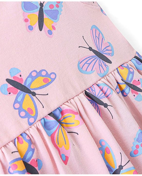 Babyhug 100% Cotton Knit Singlet Sleeves Butterfly Print Frock - Pink